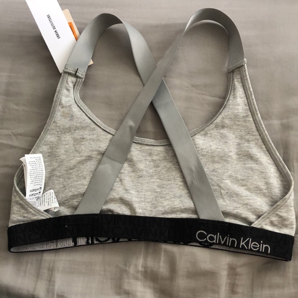 NWT Calvin Klein Reconsidered Comfort Unlined Cross Back Logo Bra Gray/Black S - Picture 4 of 5